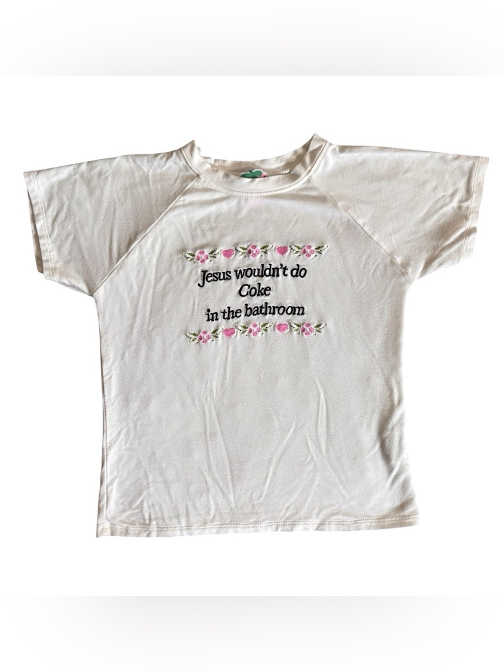 omighty White Statement Tee with Pink Floral Embroidery & Black Text